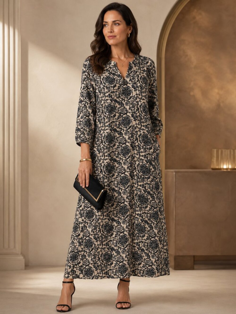 Oscar de la Renta Size S Black Ivory Damask Paisley Maxi Dress 3/4 Sleeve